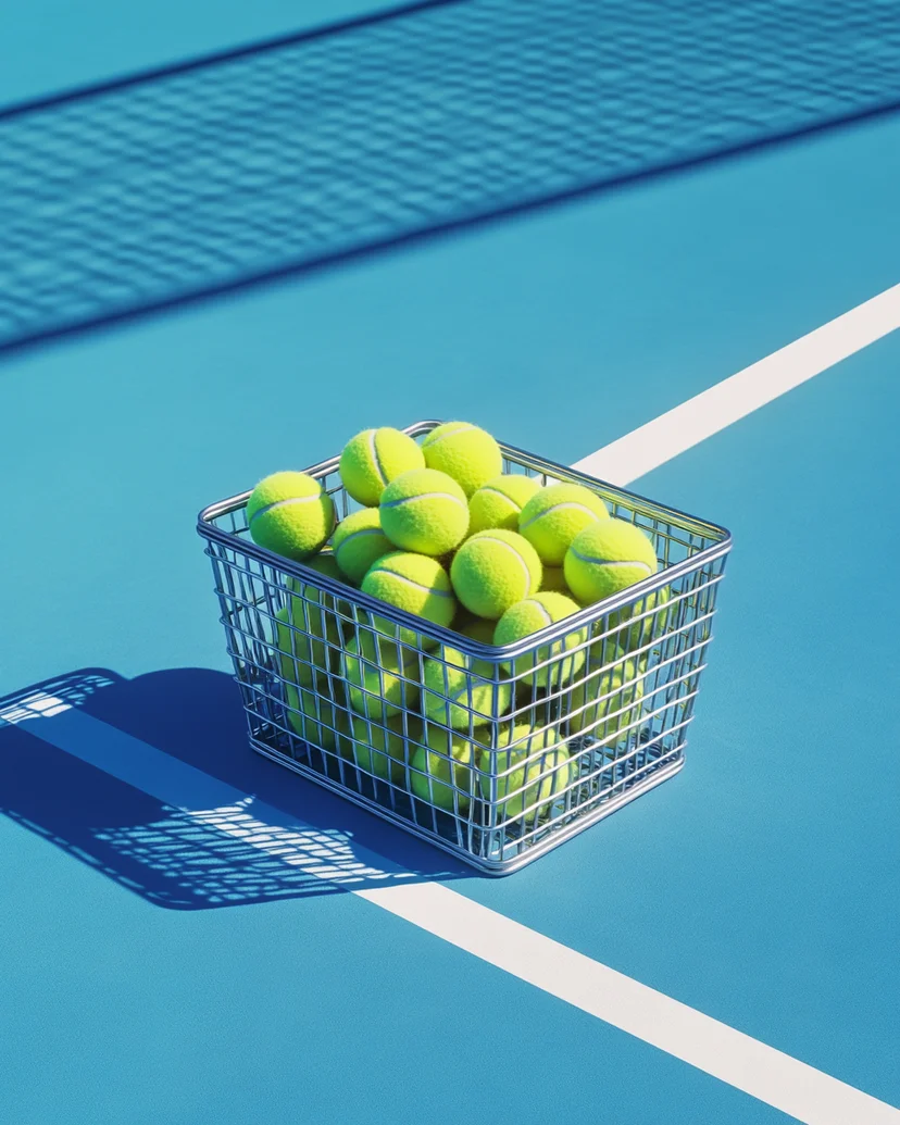 Tennis balls in basket on court